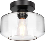 Industrial Semi Flush Mount Ceiling Light, 800 Lumen LED Bulb Included, Clear Glass Shade Ceiling Light Fixture, Farmhouse Light Fixture for Hallway Corridor Kitchen Bathroom Bedroom Passway
