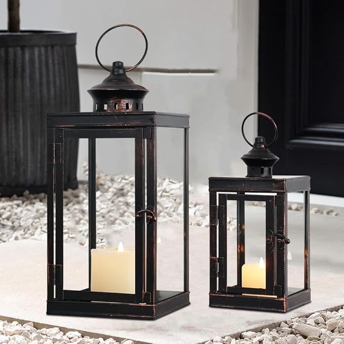 DECORKEY Large Lantern Decorative Outdoor & Indoor, Set of 2 (14’’&10’’) Metal Candle Lanterns Decor, Vintage Hanging Candle Holder for Front Porch Patio Wedding Farmhouse Home, Spring Decoration