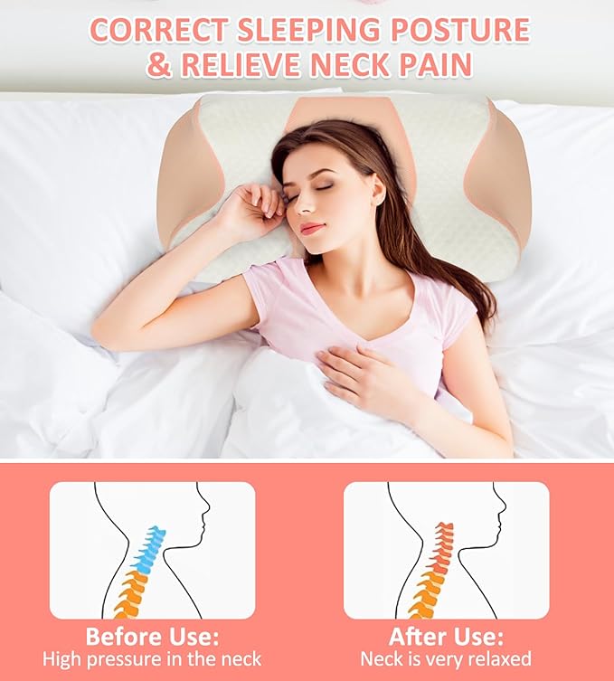 Cervical Pillow for Neck Pain Relief, Memory Foam Pillow for Sleepin, Ergonomic Contour Pillows, Orthopedic Pillow with Washable Pillowcase, for Side Back Stomach Sleepers (Pink)