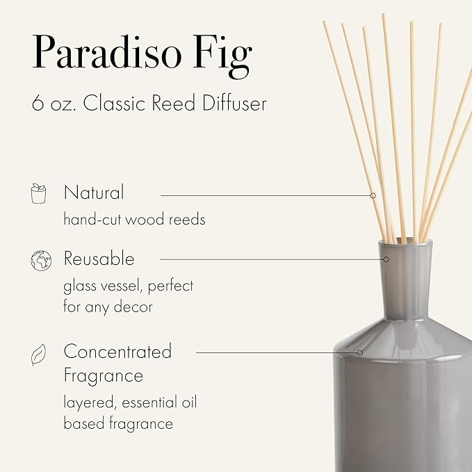 LAFCO New York Classic Reed Diffuser, Paradiso Fig - 6 oz - Up to 3 Months Fragrance Life - Reusable Glass Vessel - Natural Wood Reeds - Made in The USA