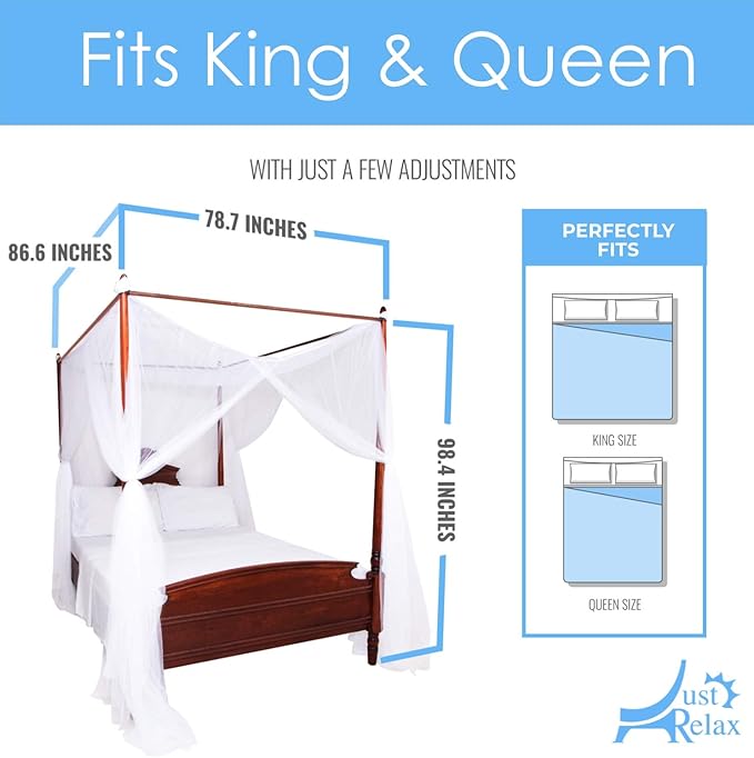 Just Relax Four Corner Post Decorative Elegant Bed Net Canopy Set, White, Full/Queen/King, 86.6x78.7x98.4 Inches
