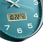 Wall Clock, 13" Dial Non-Ticking Silent Battery Operated Analog with LCD Display for Perpetual Calendar and F° Temperature, Ideal Modern Home, Office Decor (Green)