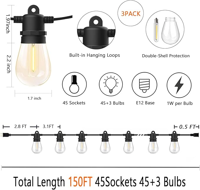 Outdoor String Lights Waterproof 150FT Patio Lights with Shatterproof 2700K Plastic Bulbs String Lights for Outside Bistro Gazebo Pergola Café Market Lights, 3-Pack