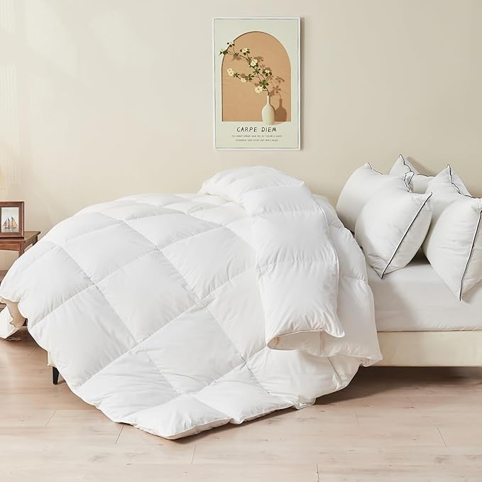 100% Organic Feather Down Comforter Super King, Luxury Extra-Fluffy Duvet Insert, All Season Bed Comforter with Ultra-Soft Organic Cotton Case (120x120 Inch, Ivory White)