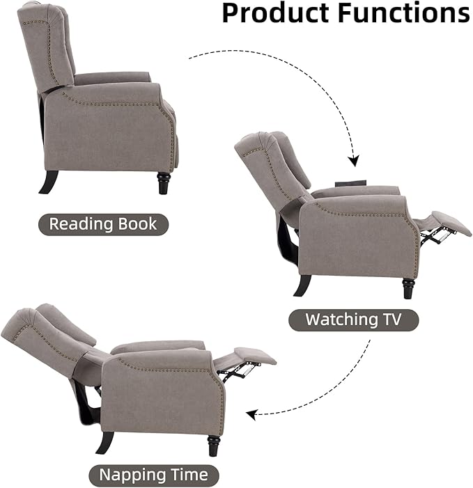 CANMOV Push Back Recliner Chair Set of 2, Modern Fabric Wingback Recliner Chair, Comfy Armchair Single Sofa Accent Chair with Padded Seat and Nailhead Trim, Tufted, Grey