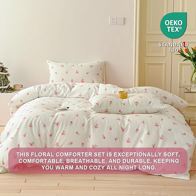 Floral Comforter Set Twin Size - 2 Pieces Pink White Floral Comforter Bedding Sets Tulips Pattern,Twin Bed in a Bag with Heart Comforter and 1 Pillowcase