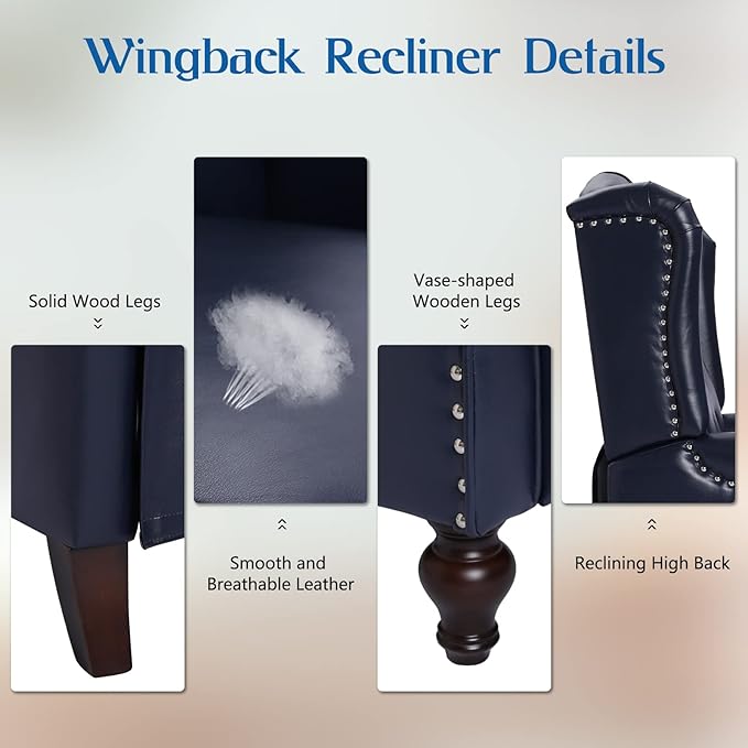 Wingback Recliner Chair with Massage and Heat - Tufted PU Leather Push Back Arm Chair for Living Room - Vintage Recliner Chair with Remote Control, Padded Cushion, Backrest, Wooden Legs