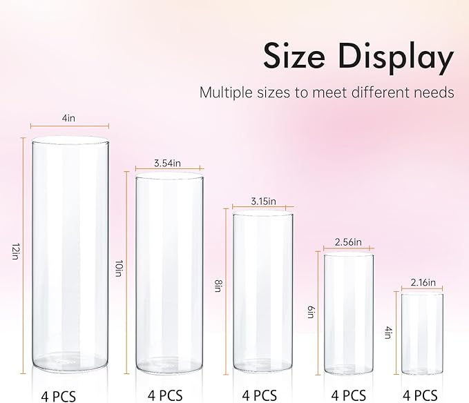 20 Pack Clear Glass Vases for Centerpieces, Cylinder Vase Set, 4,6,8,10,12 Inch Tall Flower Vase for Home Decor, Flower Vase for Table Decorative & Hurricane Floating Candle Holders