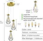 Raindrop Pendant Lights Kitchen Island Teardrop Gold Hanging Light Fixtures Clear Solid Glass Pendant Light Modern Chandeliers for Dining Room Porch Corridor Living Room(3-Light)