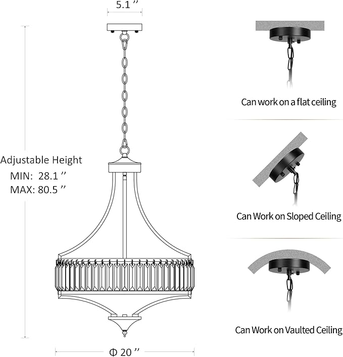 20" Modern Crystal Chandelier, 5-Light Gold Dinning Room Light Fixtures Over Table, Hanging Round Pendant Chandelier for Kitchen Island Entryway Bedroom Office Bathroom Stairwell