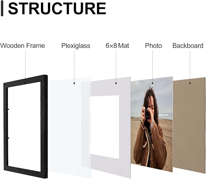 Vittanly 8x12 Picture Frames Set of 9, Shatter Resistant Plexiglass, Display 6x8 Pictures with Mat or 8x12 without Mat, Photo Frames for Wall or Tabletop, Engineered Wood, Black