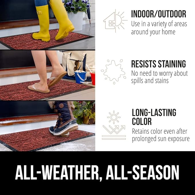 GORILLA GRIP 100% Waterproof All-Season WeatherMax Doormat, US Designed Natural Rubber, Stain and Fade Resistant, Low Profile Indoor Outdoor Door Mats, Easy Clean Patio Mat, 17x29, Burgundy Leaves