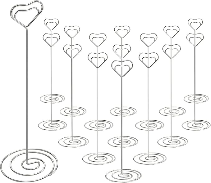 16pcs Place Card Holders, 8.75 Inches Tall Table Number Holders, Silver Picture Holder for Tables with Heart Shaped Clip for Wedding, Photos, Food Signs, Memo Notes, Restaurant, Birthday