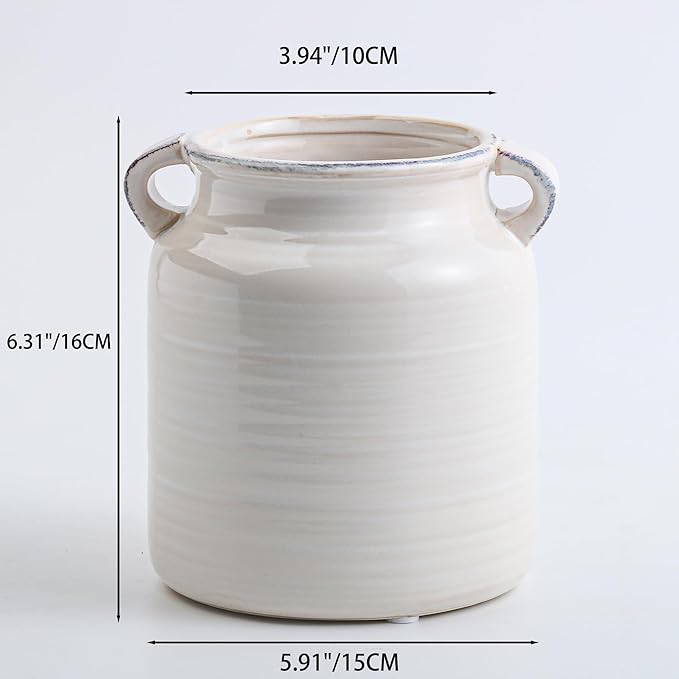 Ceramic Rustic Distressed White Flower Vase for Centerpieces, Kitchen, Office or Living Room (5.9''x6.3”)