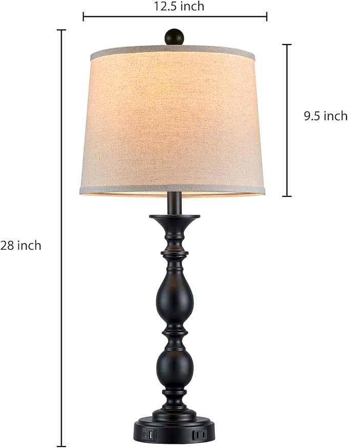 28" Tall Modern Table Lamps Set of 2 with USB C+A Ports and AC Outlet, 3 Way Touch Metal Bedside Lamps for Living Room, Black Farmhouse Nightstand Lamps for Bedroom