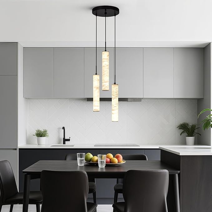 LMQNINE Natural Alabaster Pendant Lights for Kitchen Island White Marble Long Tube Chandelier Modern Black Ceiling Light Fixtures for Bedroom Dining Room Table Living Room Hallway(M-3Light)