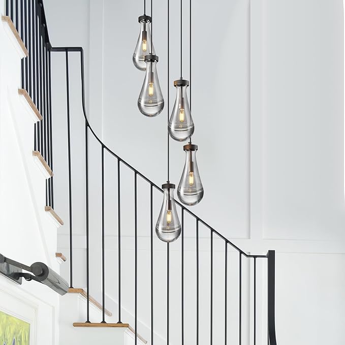 Raindrop Pendant Lights Kitchen Island Teardrop Black Hanging Light Fixtures Clear Solid Glass Pendant Light Modern Chandeliers for Dining Room Porch Corridor Living Room(5-Light)