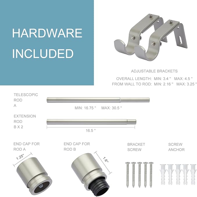Curtain Rods for Windows 16 to 48 or 60 Inches Max Adjustable Length 1 Inch Diameter Window Curtain Rod with Aluminium End Cap, Brushed Nickel