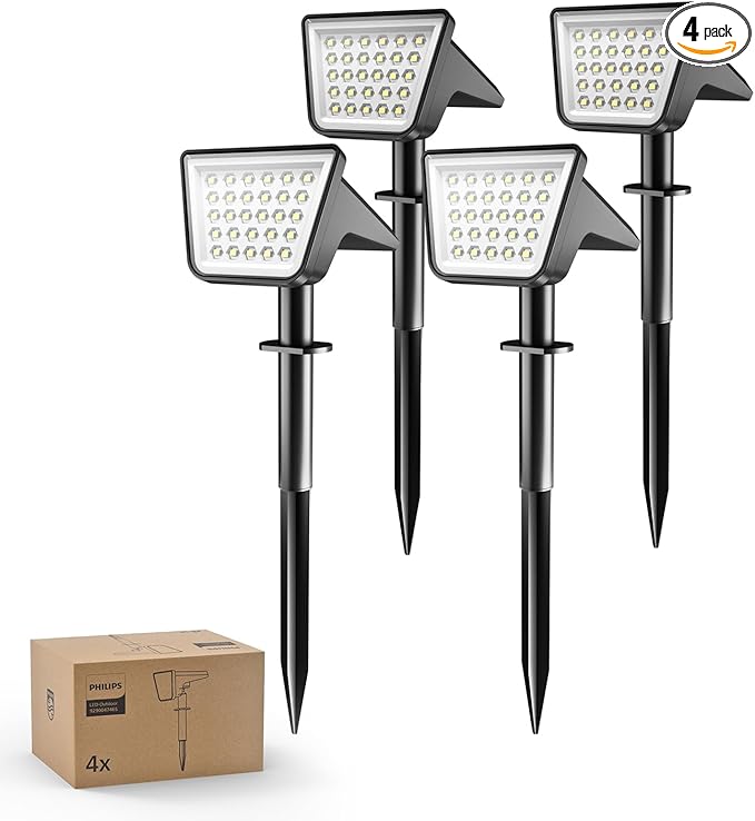 Philips 4 Packs Solar Spot Lights Outdoor Waterproof, 28 LED 7500K Solar Powered Landscape Pathway Lights, Dusk to Dawn Solar Spotlights for Garden, Yard, Lawn, Walkway, Driveway