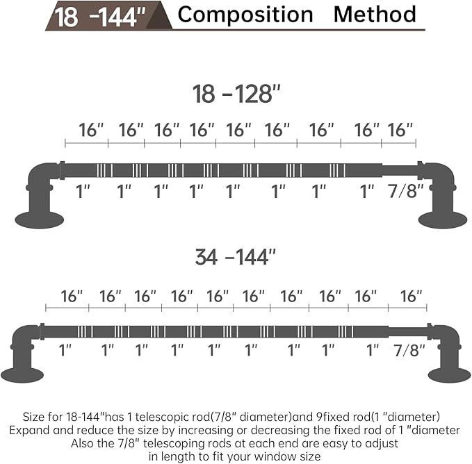 Bronze Curtain Rods 18 to 144 Inch, Industrial Curtain Rods,Adjustable Length,1 in Diameter Pipe,Wall or Ceiling Mounted,for Bedroom and Living Room(Antique Red Bronze 18” to 144”)