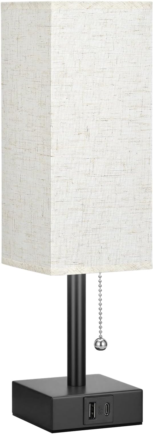 Bedside Table Lamp with 3 Color Temperatures - 3000/4000/5000K Small Lamp with USB C+A Ports, Nightstand Lamp with 3 Color Modes by Pull Chain, Bedroom Lamp for Living Read Work(LED Bulb Included)