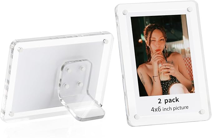 4x6 Acrylic Picture Frames Clear Tabletop and Magnetic Photo Frame for Refrigerator with Removable Magnetic Stand for Home/Office Desk/Table Picture/Note Display, 2 Pack