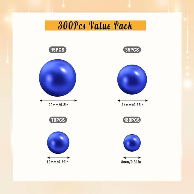 300Pcs Pearl Vase Filler, RoyalBlue No Hole Faux Pearl Beads for Centerpieces Vases, Candle Centerpieces, Wedding Birthday Party Home Decor 8/10/14/20mm