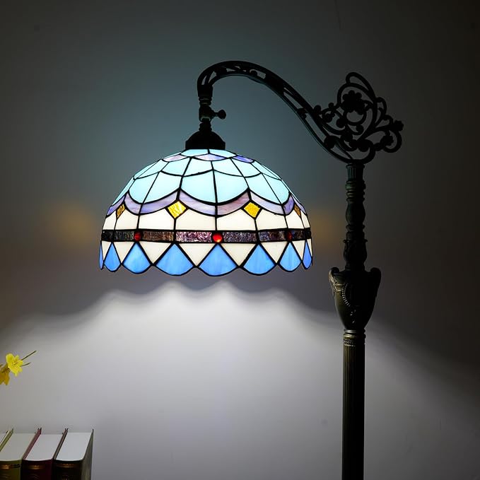 Tiffany Floor Lamp Vintage Standing Lamp Blue Mediterranean Style Stained Glass Floor Light Rustic Corner Gooseneck Floor Lamp with Adjustable Angle for Home Decor Living Room Bedroom 12X12X63 Inches