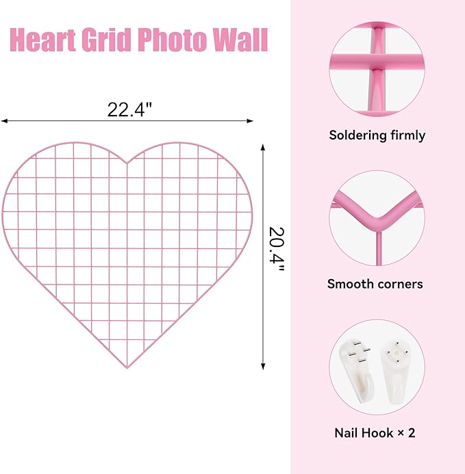 Grid Photo Wall Panels - 22.4"x20.4" Heart Shape Iron Rack Art Wire Board, Wall Grid Organizer, DIY Photo Frame for Home, Office, Kitchen, Bedroom, Christmas Gifts - Pink