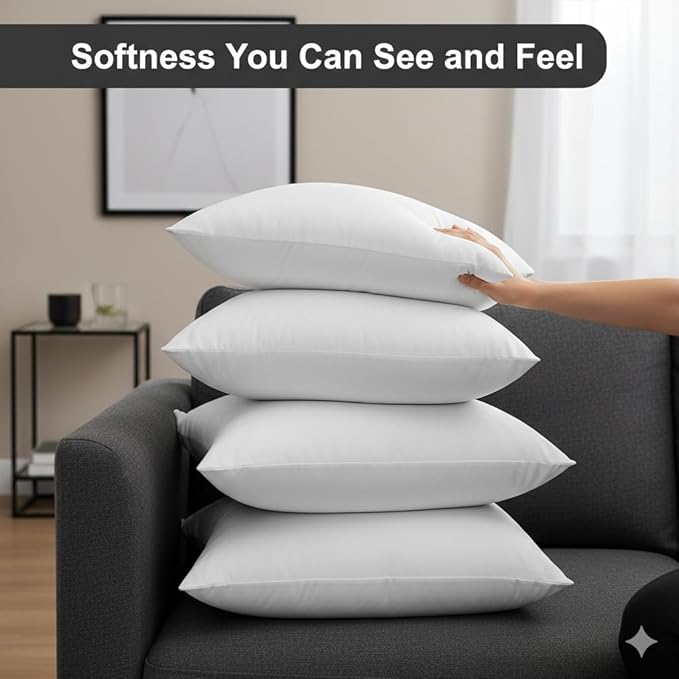 Throw Pillow Inserts, Set of 4 Lightweight Down Alternative Polyester Pillow, Couch Cushion, Sham Stuffer, Machine Washable. (White, 18x18)