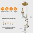 Raindrop Pendant Lights Kitchen Island Teardrop Gold Hanging Light Fixtures Clear Solid Glass Pendant Light Modern Chandeliers for Dining Room Porch Corridor Living Room(5-Light)