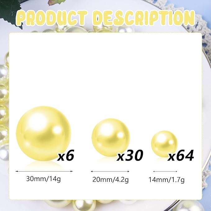 100PCS Light Yellow Faux Pearls Beads for Centerpiece Vases, Vase Filler Faux Pearls, No Holes Filler Beads for Easter Party Anniversary Birthday Wedding Table Decor, 14/20/30mm