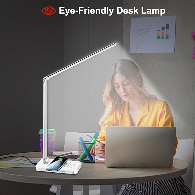 AFROG Multifunctional LED Desk Lamp with Wireless Charger, USB Charging Port, 5 Lighting Modes,5 Brightness Levels, Sensitive Control, 30/62 min Auto Timer, Eye-Caring Office Lamp with Adapter