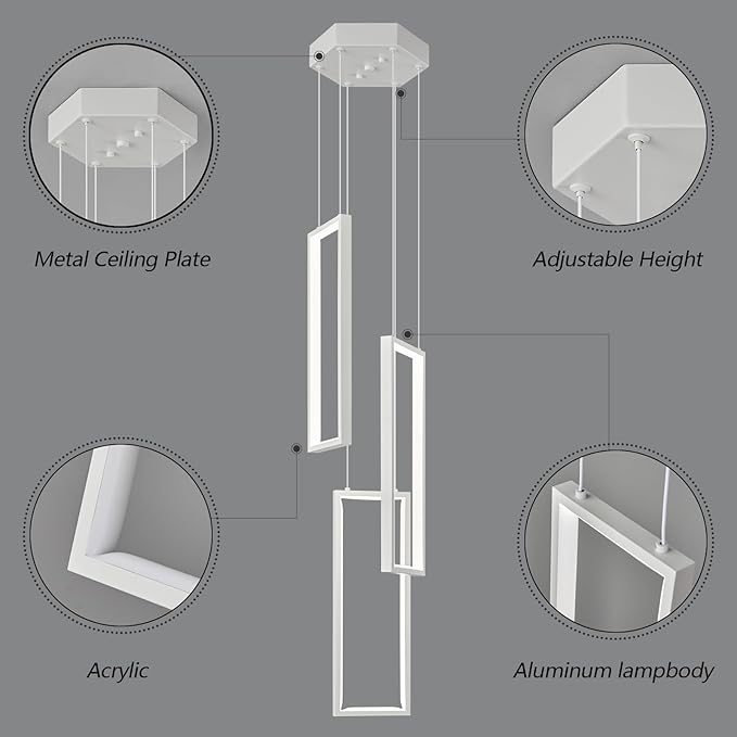 Modern Kitchen Pendant Light Fixture White 40W LED Pendant Light 3 Rings Rectangle Chandelier Pendant Lighting for Kitchen Island Living Room Dining Room Bedroom