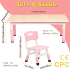 FUNLIO Kids Table and 4 Chairs Set for Ages 3-8, Height Adjustable Toddler Table and Chair Set, Easy to Wipe Arts & Crafts Table, for Classrooms/Daycares/Homes, CPC & CE Approved (5 pcs Set) - Pink