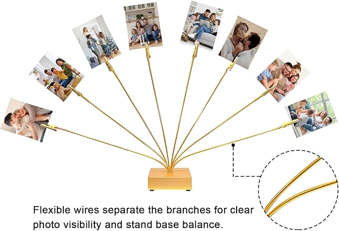 Gold Photo Tree Holder Clip Cube Base,8 - Branch Money Trees Gift Card Holder with Clips,Picture Holder Stand for Christmas Wedding Greeting Birthday Party Gift