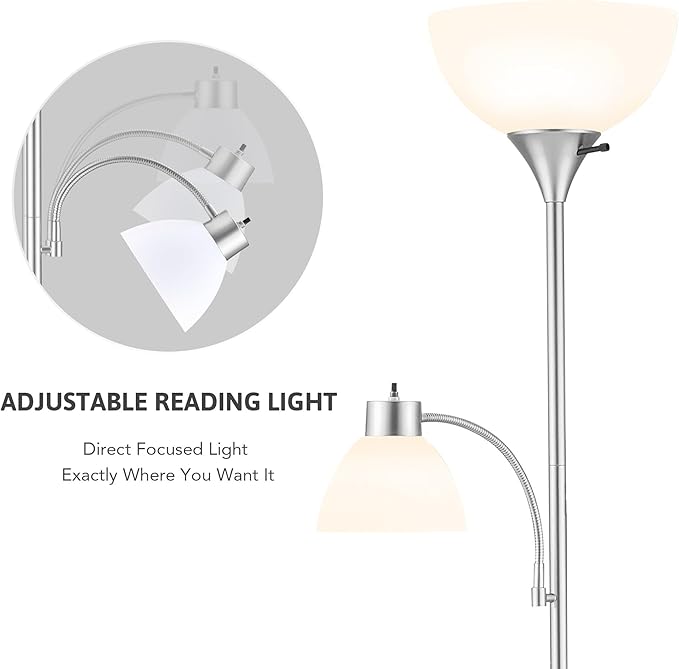 VONLUCE Torchiere Floor Lamp, 71" Standing Lamp with Adjustable Reading Lights & 2 Bulbs, 3 Color Temperatures Modern Tall Pole Lamp for Living Room Bedroom Corner, Nickel