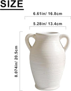 Sunddo White Ceramic Vase for Home Decor, 8 inch Farmhouse Flower Vase with 2 Handles, Rustic Boho Pottery for Room Decor Aesthetic, Bathroom Table Fireplace Decorative