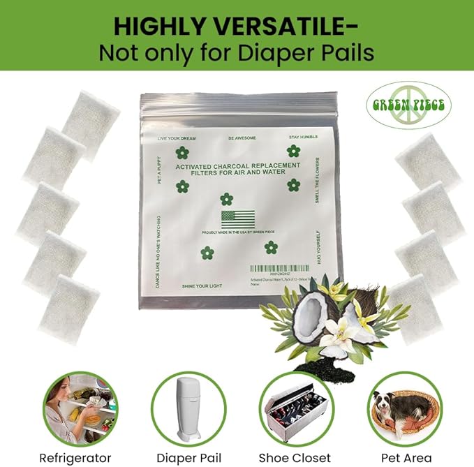 Green Piece® Pack of All Natural Baby Diaper Pail Deodorizer Activated Charcoal Air Purifier (15 Pack of Carbon Filters)