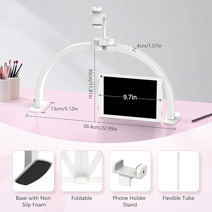 Yokilly Half Moon Light for Nail Desk: 23" Foldable Half Moon Desk Lamp with Phone Holder for Beginner - Arch Nail Tech Light with 3 Color Modes & 10 Brightness for Manicure Salon (White, Small)