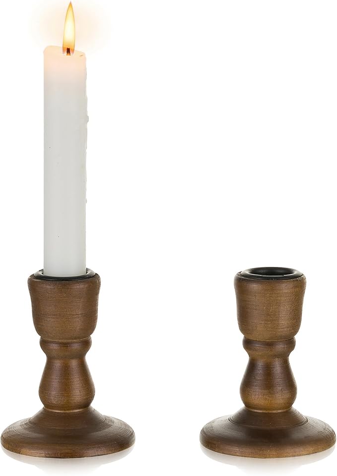Wooden Taper Candle Holders: Wood Candlestick Holders Rustic Brown Farmhouse Fall Decor for Living Room Dinning Table Centerpiece Christmas Set of 2