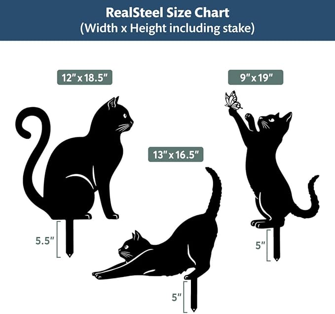 RealSteel I 3 Pack Steel Cat Garden Decor I Outdoor Yard Decorations I Gift for Cat Lovers I Lawn Ornaments and Statues I Garden Signs Decorative Outdoor - Textured Silver