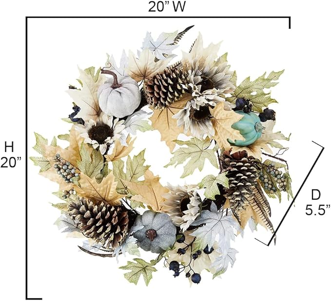 Admired By Nature 24 Inch Artificial Pumpkin Sunflower Fall Wreath Wall Door Farmhouse Decor For Home Office Thanksgiving Harvest Wreaths For Front Door Cemetery Wreaths Indoor Outdoor, Rustic White