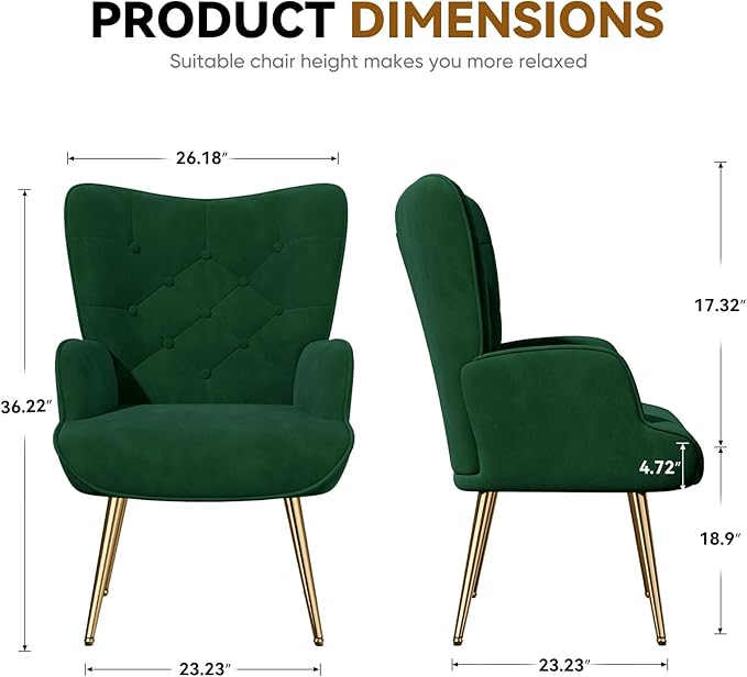 Nalupatio Mid Century Modern Velvet Accent Chair, Tufted Button High Back Chair, Upholstered Wingback Armchair with Metal Legs, High Back Side Chair for Living Room Bedroom, Green