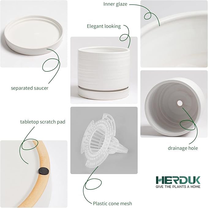 6 Inch Plant Pots, Ceramic Planter Pot with Drainage Hole & Saucer, Indoor/Outdoor Cylinder Round Planter Pot, Matte White
