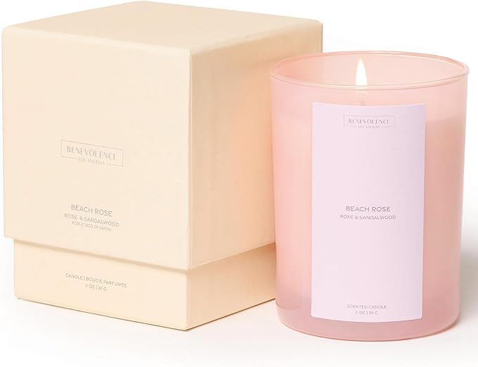 Rose & Sandalwood Scented Candle | Benevolence LA Sun-Kissed Collection | 11oz, 60-Hour Burn | Natural Soy Wax, Cotton Wick | Fall Scented Candles for Home, Elegant Gift – Beach Rose