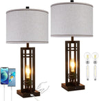 27" Touch Control Farmhouse Table Lamps, Set of 2 Tall Rustic Table Lamps 2-Light Design with USB A+C Ports, Bedside Lamps with Cream Shade for Living Room Home Office, 4 LED Bulbs Included