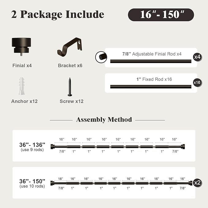 Oneach 2 Pack Heavy Duty Curtain Rods for Windows 72 to 144 Inch, 1 Inch Pole Adjustable Curtain Rod with Easy Installation and Modern Design (Brown, 16 to 150 Inch)