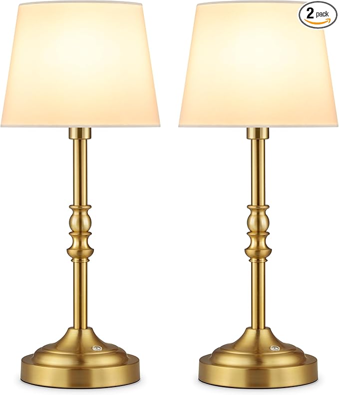 GGOYING Set of 2 Rechargeable Cordless LED Table Lamps, 4-Level Dimmer, Bronze Portable Desk Lamps with White Fabric Shades, Night Light for Dining, Bedroom and Patio