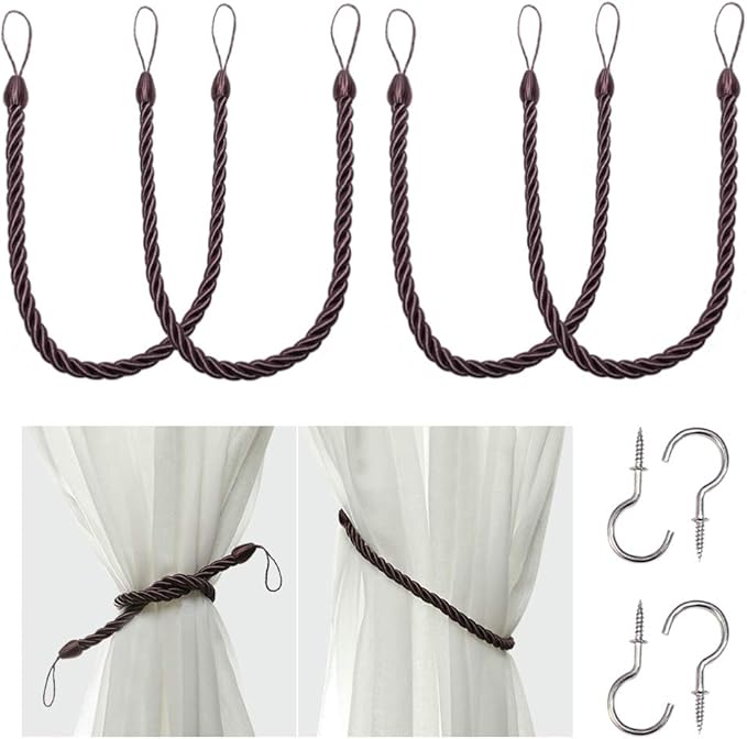 BEL AVENIR Curtain Rope Tiebacks, Drapery Rope Holdbacks with 4 Metal Screw Hooks (Purple, 4pack)